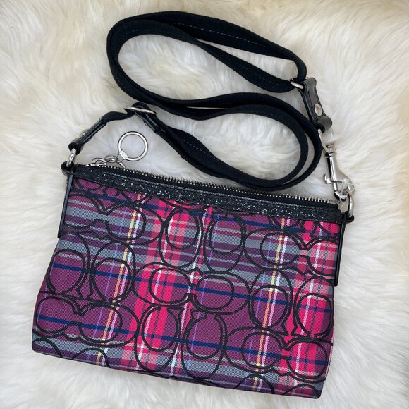 Coach Poppy Pink/Purple Signature Tartan Plaid Small Crossbody - Picture 2 of 6